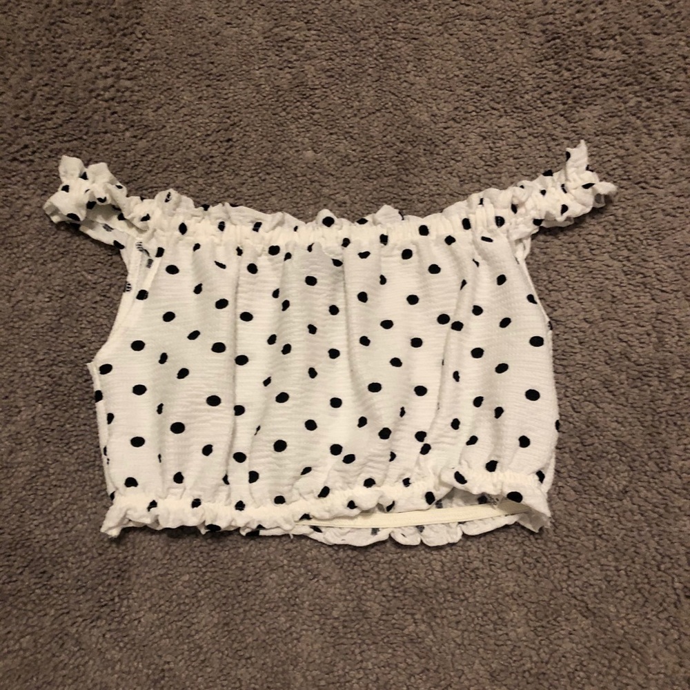 TOP SHOP off the shoulder polka dot crop top